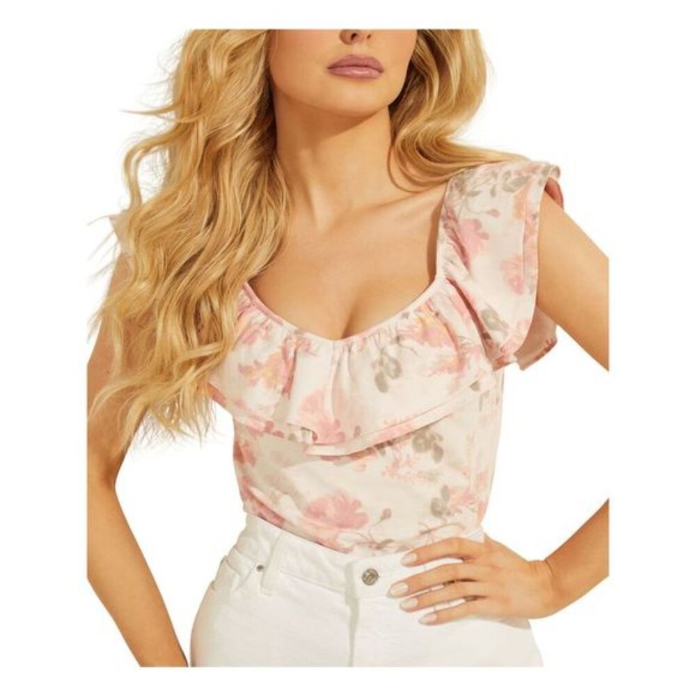 Guess Womens Pink Ruffled Short Length Fitted Tiered Short Sleeve V Neck Top S